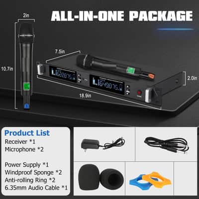 Professional UHF Wireless Microphone System, 2 Channel Metal Microphone Set of 2 Handheld Cordless Mics, Auto Scan,2*100 Frequenciens,Up to 350ft for Singing, Karaoke, Church, Wedding image 3