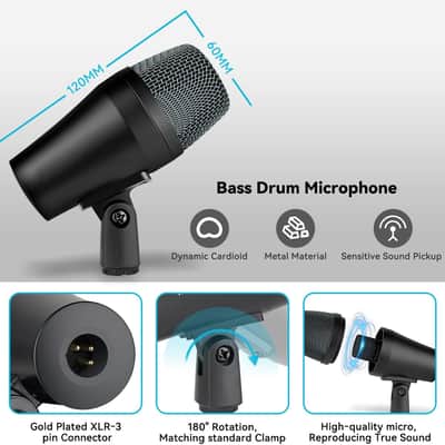 Wired Drum Microphone Kit,7-Piece Full Metal Dynamic Mic-Kick Bass Snare and Cymbals,Use for Drums Vocal Other Instrument Complete with Thread Clip Inserts Mics Holders,Carrying Case image 2