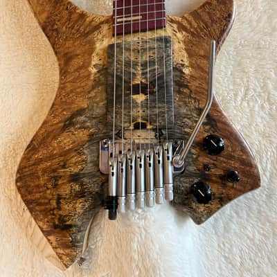 96 art Multiscale Headless 7 string Solidbody Guitar with Sophia Tremolo, Buckeye Burl, Ash, Purpleheart image 4