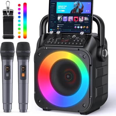 Karaoke Machine, Portable Bluetooth Speaker with 2 Wireless Microphones for Adults & Kids with Lights, Karaoke Microphone with PA System Supports USB/TF/REC/FM/AUX for Home Party Home System Packages image 1