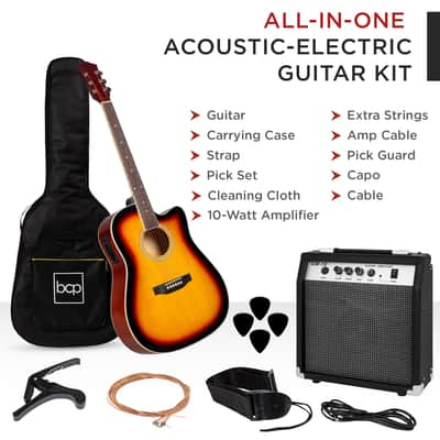 Best Choice Products Beginner Acoustic Electric Cutaway Guitar Set w/ Case, Strap - 41in-Natural image 9