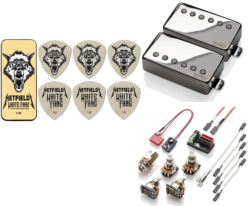 EMG F JH SET JAMES HETFIELD CHROME 52mm FLOYD ROSE SPACED 10MM SHORT SHAFT POTS ( 6 JH WHITE FANG PICKS & TIN ) image 1