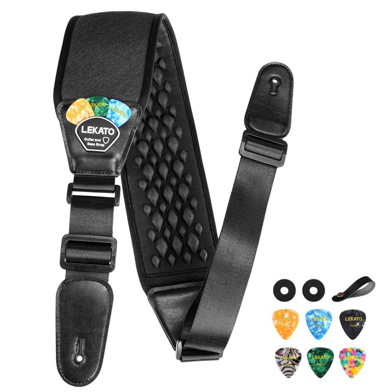 LEKATO LGS-15 Guitar Straps for Electric Guitar Bass 3.5" Wide Padded Guitar Strap Neoprene Pad with 3D Sponge Filling Bass Guitar Straps Adjustable Length from 45" to 55" with Strap Locks Picks image 1