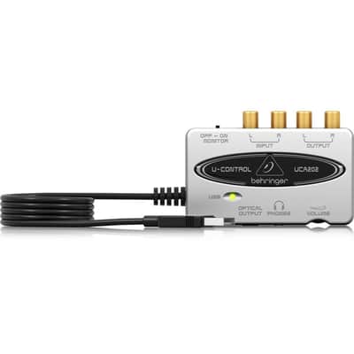 Behringer UCA202 Ultra-Low Latency 2-In/2 Out USB/Audio Interface with Digital Output with Closed-Back Studio Monitor Headphones image 2