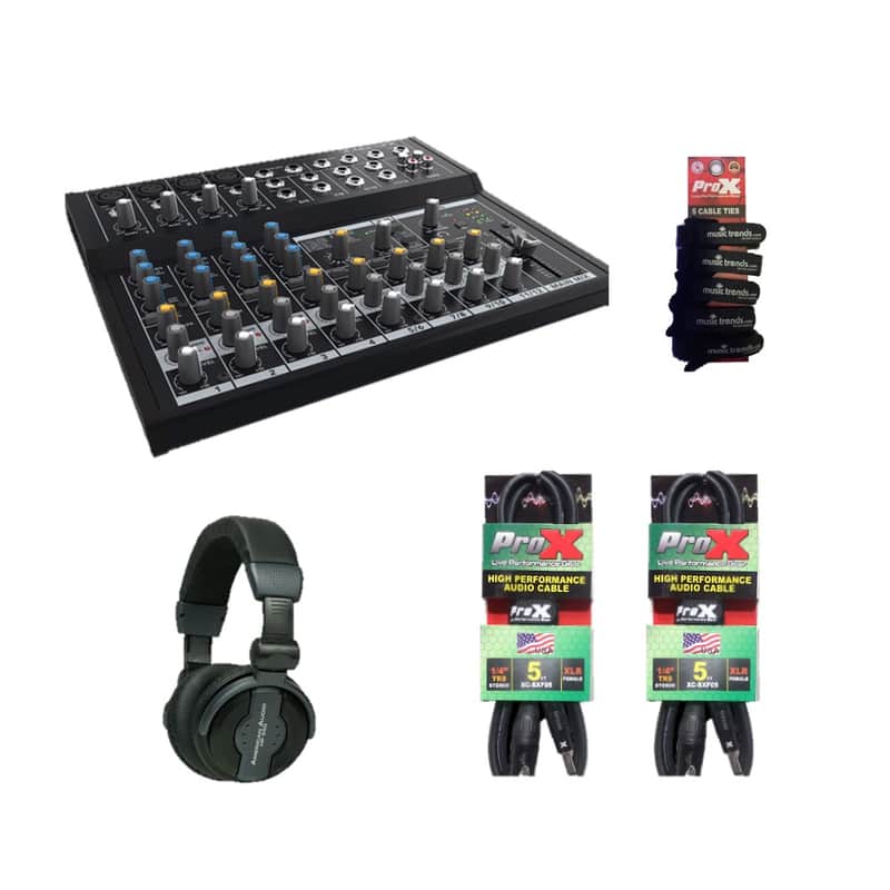 Bundle of Mackie Mix12 Channel Mixer + Headphones + Cables, Ties