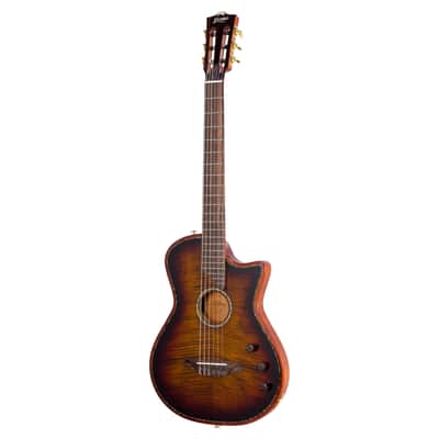 Bromo BEN2C Electric Nylon String Guitar, Thinline Fully Chambered Semi-Hollow Body Slim Neck Dual Pickup Stage Live Performance Fusion Classical Guitar with Hard Case (3 Tone Sunburst) image 1