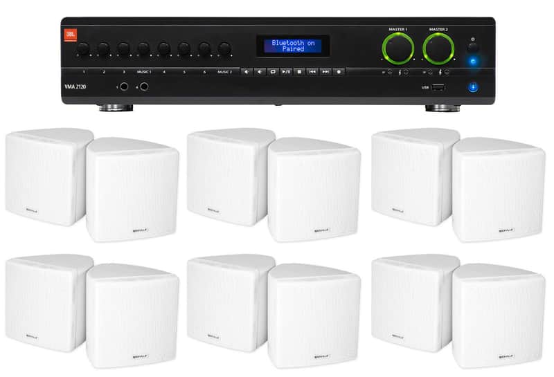 JBL 2-Channel Amplifier+(12) 3.5" White Cube Speakers for Restaurant/Bar/Cafe image 1