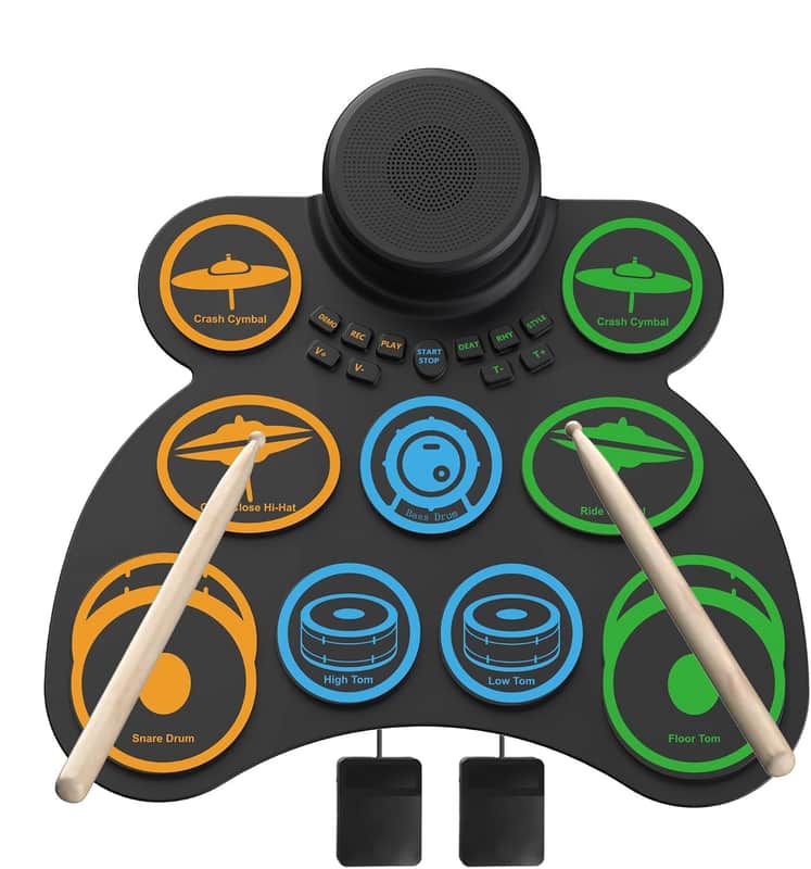 Portable Electric Drum Set for Kids,9+2 Pads Electronic Drum Pad with 0.5in Thickened Silicone&Foot Pedals&Sticks, Built-in HIFI Speaker,Rechargeable Battery,Headphone Jack,MIDI,Holiday Gift image 1