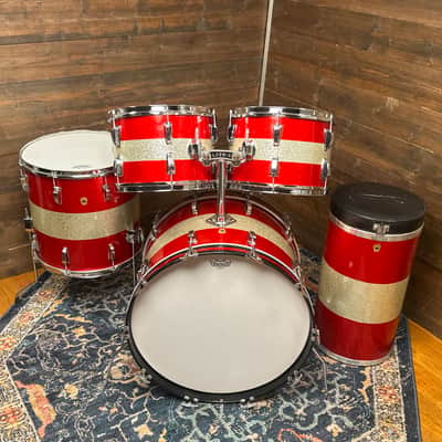 1968 Ludwig Red / Silver Sparkle Tri-Band Drum Set w/ Matching Canister Throne 22/13/13/16 image 1