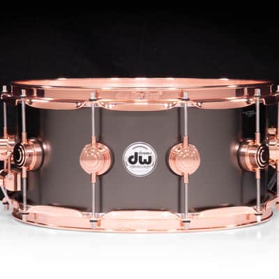 DW Collector's 6.5x14 Satin Black over Brass Snare - Copper Hardware image 1