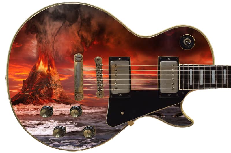 Sticka Steves Guitar Skin Axe Wrap Re-skin Vinyl Decal DIY Planet Volcano Fire Eruption Red 744 image 1