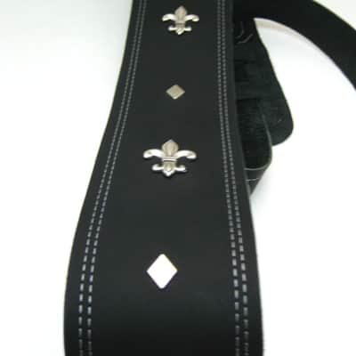 Tricked Out Leather- Black Leather -Guitar Strap- Fleur de Lis Conchos Silver Diamonds image 4