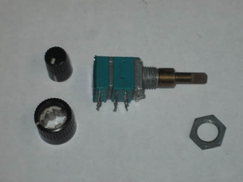 used (is fine & works) Boss MIDDLE / MID FREQ potentiometer [ upper part : 50 30C 04 5F / lower part: 10 4w 04 5F ] + nut and two piece knob (controls) taken off of MT-2 Metal Zone (pedal NOT included) 2000s / 2010 (teal rectangle shape, stacked) image 1