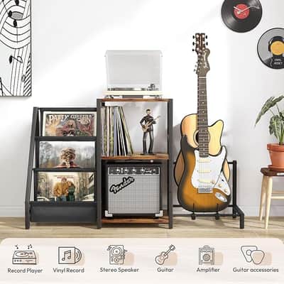 Record Player Stand, Guitar Stand for Acoustic, Electric Guitar, Bass with Amp Stand, 3-Tier Vinyl Record Storage Up to 200 Albums, Record Player Table for Record Player, Speaker, Amplifier image 2