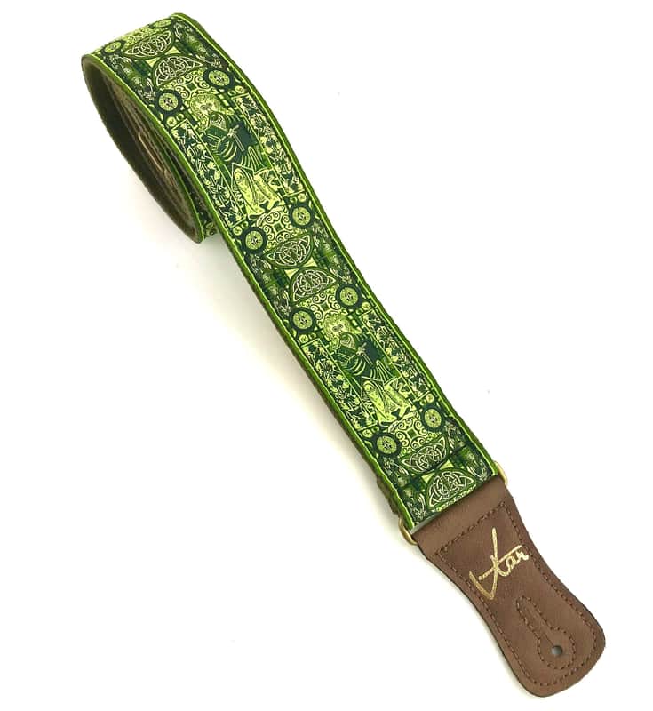 Handmade Green Irish Celtic Book Of Kells Hemp Guitar Strap by VTAR, with Brass Details and Brown Vegan Leather. For Acoustic, Bass and Electric image 1