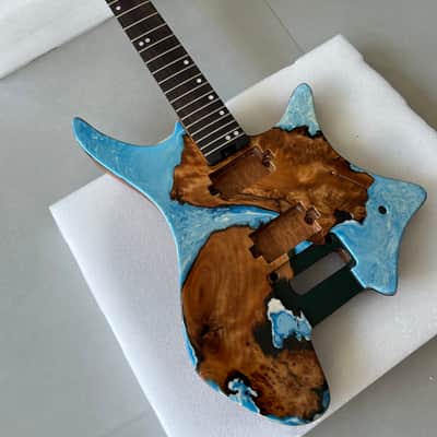 Vibrato system 24frets Handmade Custom Headless Guitar Body Neck Kit, Full Solid Mahogany Core, In-body Poured Marbled Blue Epoxy Resin & Burl Wood Grain, 5P Roasted Flamed Maple Neck with Truss Rod, Unfinished Build Your Own Electric Guitar "T contour" image 3