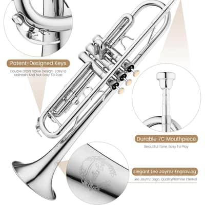 Bb Trumpet for Beginners, Brass Student Trumpet Kit with Case, 7C Mouthpiece, Cleaning Kit, Standard B Flat Instrument - Nickel image 4