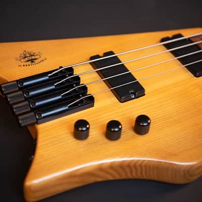 BootLegger Guitar Ace Headless Bass 4 String 7.8 Lbs With Honey Clear Stiletto Case & Gig Bag image 6