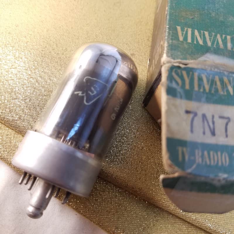 Sylvania Matched Pair (2) 7N7 Loktal tNOS AT1000 TESTED Vacuum Tubes greyglass T9 Bad Boy 3-hole dual triode (like 6SN7) 1952-1953 image 1