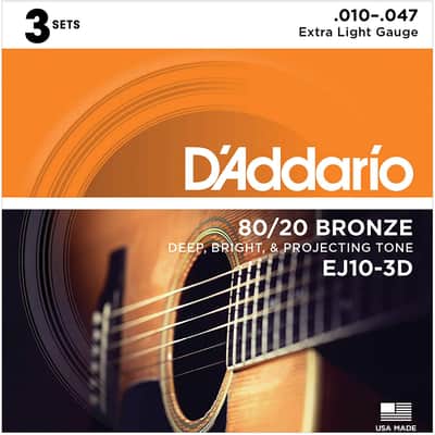 D'Addario EJ10-3D Bronze Acoustic Guitar Strings, Extra Light, 10-47, 3 SETS image 1