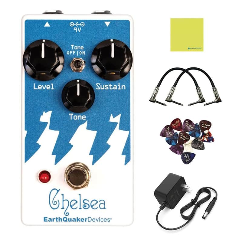 Mint EarthQuaker Devices Chelsea Low End Fuzz Driver Pedal Bundle with 2x Right Angle Patch Cables, 9V Power Adapter, 12x Guitar Picks & Polishing Cloth – Bass-Optimized Distortion with Massive Low End image 1