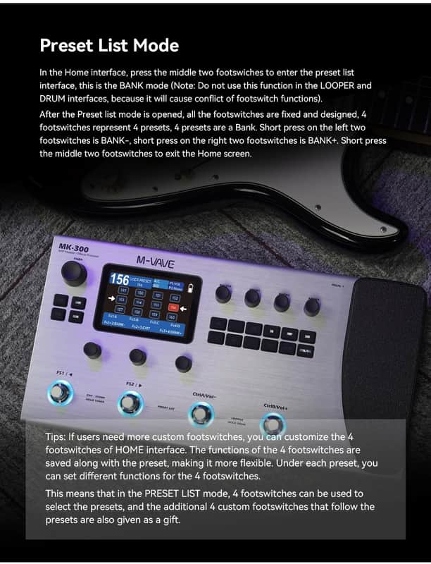 M-VAVE MK-300 Gitaar Bass AMP Modeler & Effects Processor met 320 effecten, 160 Presets, Looper, Drummachine, USB/BT 10H Batterij voor Live/Opnemen