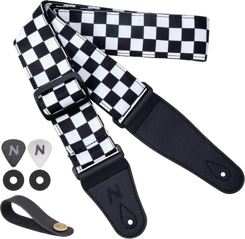 Guitar Strap-2" Wide Double Layer Cotton Original Design Adjustable Guitar Straps with Long Leather Ends for Bass, Electric & Acoustic, Best Gifts for Kids,Guitarists (White Grid) image 1