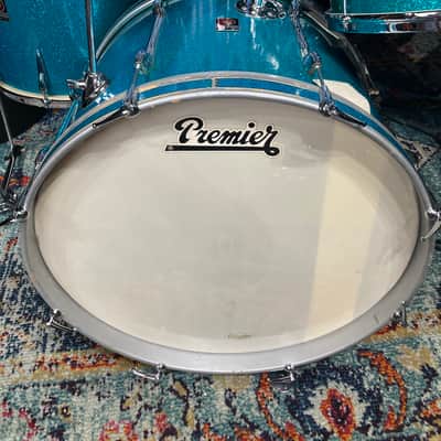 Premier 4-Piece Drum Set, 22", 16", 12" and 14x5.5" Matching Snare Drum, Hardware and Cases, All Original!! 1966 - Aquamarine Sparkle image 5