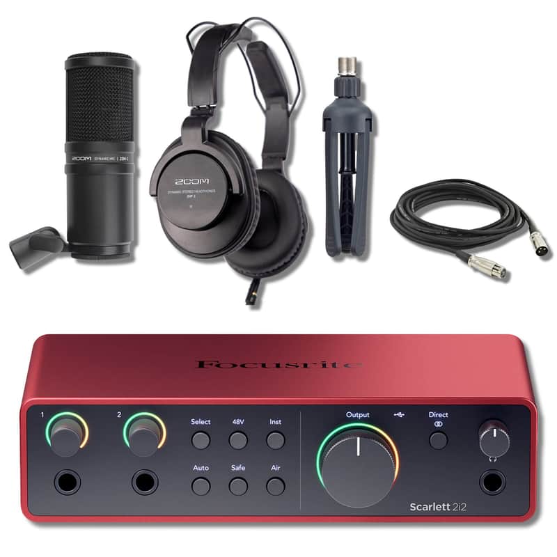 Focusrite Scarlett 2i2 USB-C Audio Interface (4th Generation) with Zoom ZDM-1 Podcast Mic Pack with Headphones, Windscreen, XLR, and Tabletop Stand image 1