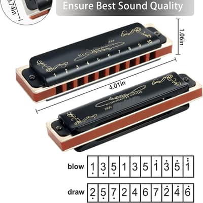 Harmonica Key of G 10 Holes 20 Tones 008K Mouth Organ with Black Cover, Top Grade Harmonica for Adults, Professionals and Students image 2