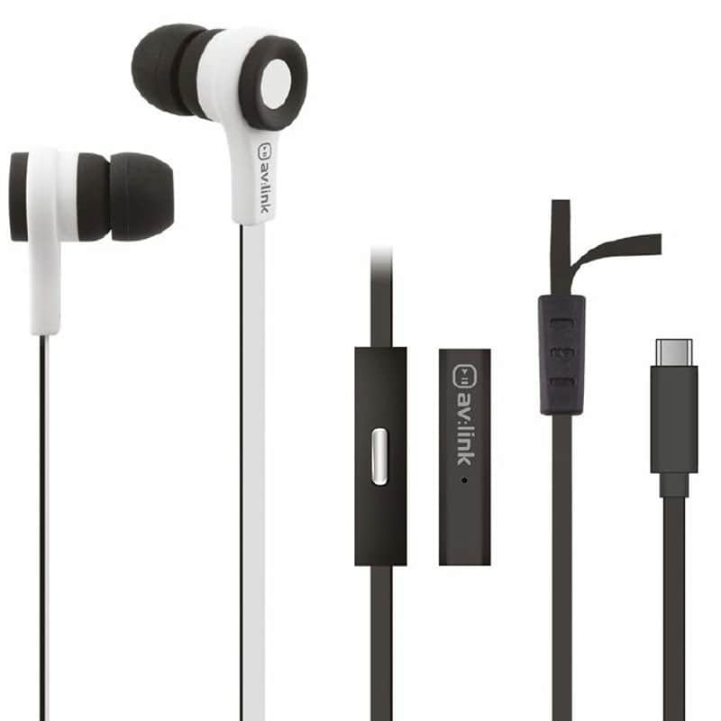 Av:Link Rubberised Stereo USB-C Earphones with Hands Free Mic (black/white) image 1