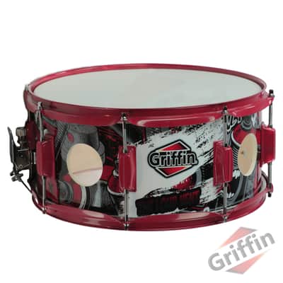 GRIFFIN 14" x 6.5" Birch Wood Snare Drum (Limited Edition) – Large 2.5" Vents, Red Hardware, Graphic Wrap – with Drum Key & 8 Metal Lugs image 2