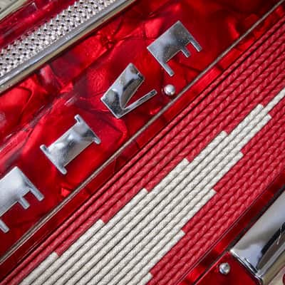 Vintage 1960s Silvio Soprani Accordion Model 8643 Full Size Red Mother Of Pearl with Original HSC image 5