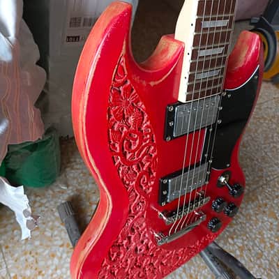 Custom Harley Benton SG type 2023 - Red, hand Carved in Florence, Italy. Custom Guitar, Solid Body; Vintage look Double cut image 14