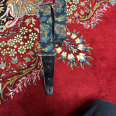 Bobby Lee Black blue orange paisley and black leather guitar strap 1960s image 1