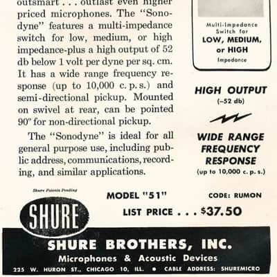 Excellent Working Vintage 1950's Shure Model 51 “Sonodyne” Dynamic Microphone with Stand & Cable-Nat King Cole Mic image 10