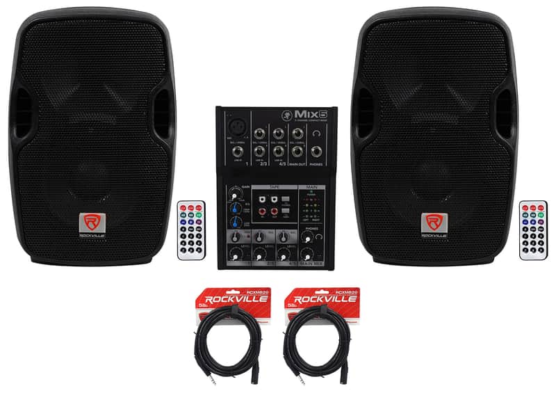 (2) Rockville BPA8 300 Watt 8" Powered Speakers+Mackie 5-Channel Mixer+Cables image 1