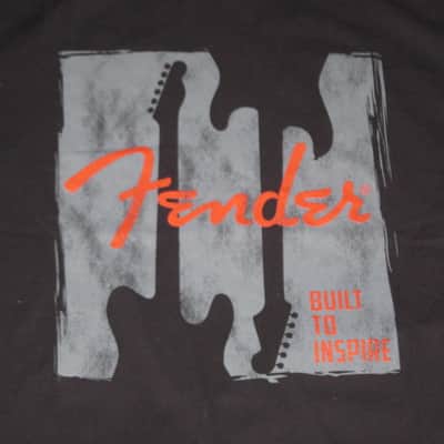 new (no tags) A+ genuine Fender Built to Inspire short sleeve T-Shirt, Black, size XL (X-Large), 100% Cotton, part # (p/n): 9112000606, Black Shirt with Gray, Red, & Black GRAPHIC image 2