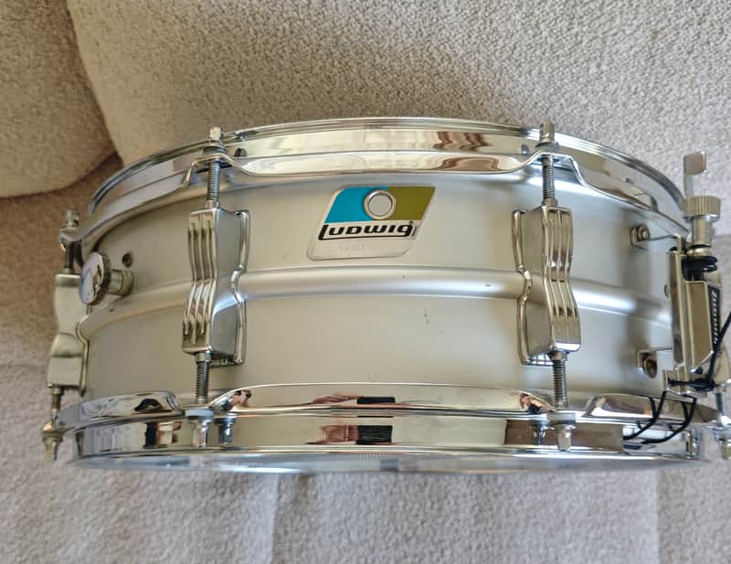 Ludwig L-404 Acrolite 5x14" 8-Lug Aluminum Snare Drum with Rounded Blue/Olive Badge 1979 - 1993 - Gray image 1