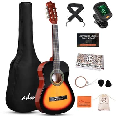 ADM Beginner Acoustic Classical Guitar Nylon Strings Wooden Guitar Bundle Kit for Kid Boy Girl Student Youth Guitarra Online Lessons with Gig Bag, Strap, Tuner, Strings, Picks (34 Inch, Sunburst) image 1