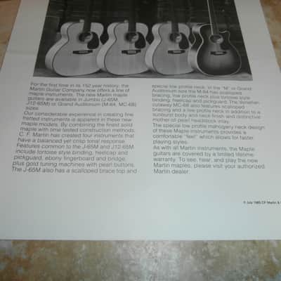 Vintage 1985 Martin Maple Guitars Introduction Flyer! J-65M, J12-65M, M-64, MC-68! image 3