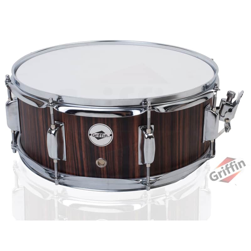 Griffin Snare Drum with Black Hickory PVC Glossy Finish on Poplar Wood Shell 14" x 5 - 5" Percussion Musical Instrument with Drummers Key for Students & Professionals 8 Lugs & Snare Strainer image 1