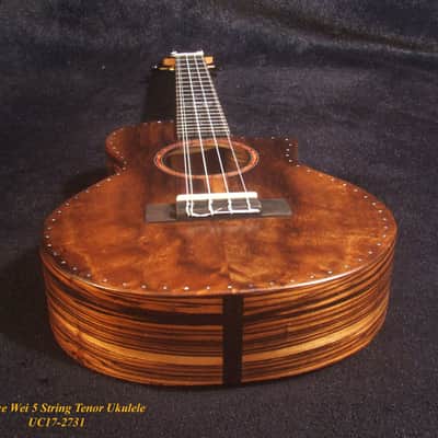 5 String Tenor Ukulele, Handmade Solid Acacia, Zebra wood, Cutaway, Soft-bag, Bruce Wei UC17-2731 image 2