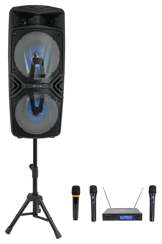 Technical Pro Dual 8" Rechargeable Karaoke Machine System Bundle with Stand & 3) Wireless Mics image 1