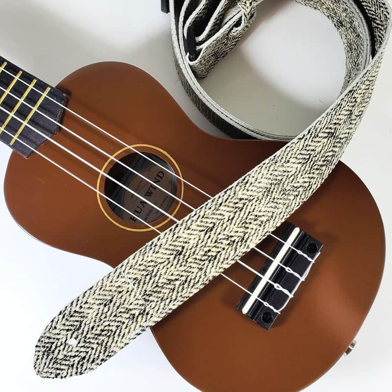 Tweed Leather Ukulele Strap - Black White Tweed Ukulele Strap -Handmade -White Leather Ukulele Strap - Button Ukulele Strap image 1