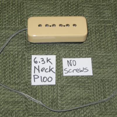 mostly very clean 1990s Gibson P-100 Soapbar pickup with Creme Cover (but can sell with black cover instead) NO mounting screws 6.3k - ideal for NECK position (2 conductor, solder connect) a P100 is a stacked humbucker that's hum-cancelling image 1