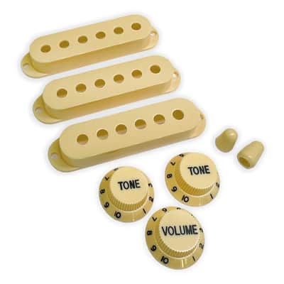 AxLabs Pickup Covers, Knobs, & Switch Tips Set for Strat-Style Guitars - Vintage - Aged White/Black Lettering