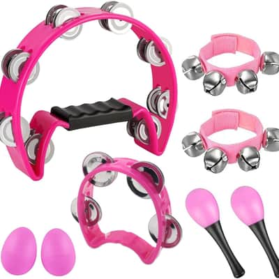 8 Pcs Tambourines for Adults Metal Jingles Hand Held Percussion Half Moon Tambourine, 4 Bells Tambourine, Wrist Bells, Egg Shakers, Sand Hammer, Hand Percussion Instrument Set for Party, KTV, Church image 1