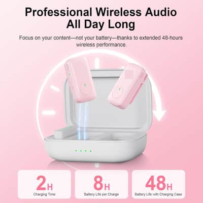 Wireless Lavalier Microphone System, Dual Clip-On Mics + Charging Case, 164ft Range Plug-and-Play for iPhone/Android, Advanced Noise Reduction, 48H Runtime-Video Recording, TikTok, YouTube, Pink image 2