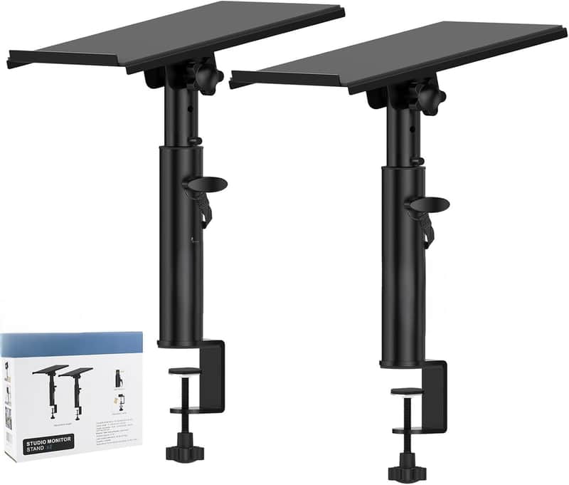 Pair of Studio Monitor Speaker Stands with 12° Tilt, Height Adjustable 10.4"-15.4", Heavy Duty Desktop Desk Clamp Mount for Monitor Speakers, Laptop, Projector & CD Player image 1